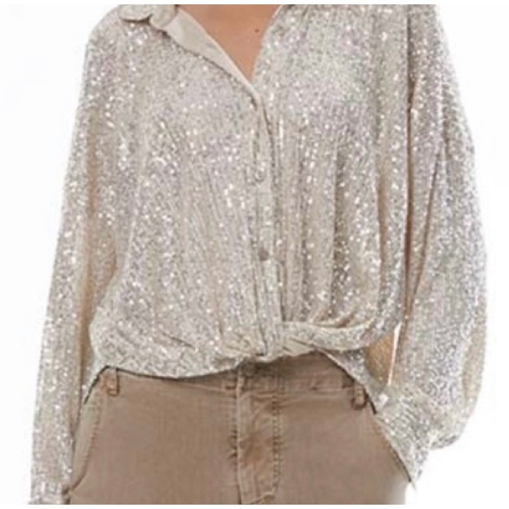 Young Fabulous & Broke YFB Sequin Twist Front Button Down Shirt Champagne Small